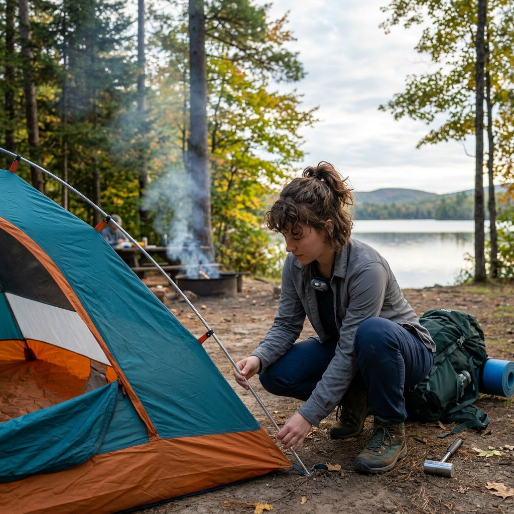 Person setting up a tent beside a lake with forest and hills in the background.