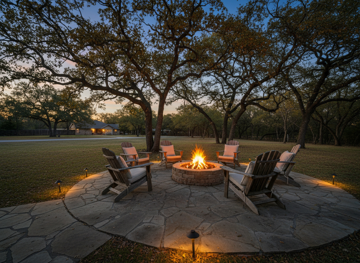 Safe backyard fire pit area on a stone patio with chairs and path lighting on a Texas fall evening.