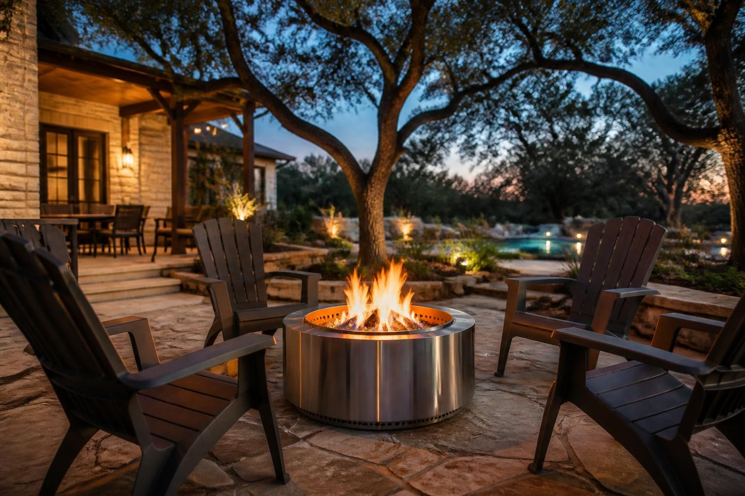 Unbranded stainless steel smokeless fire pit burning on a Texas backyard patio at dusk.