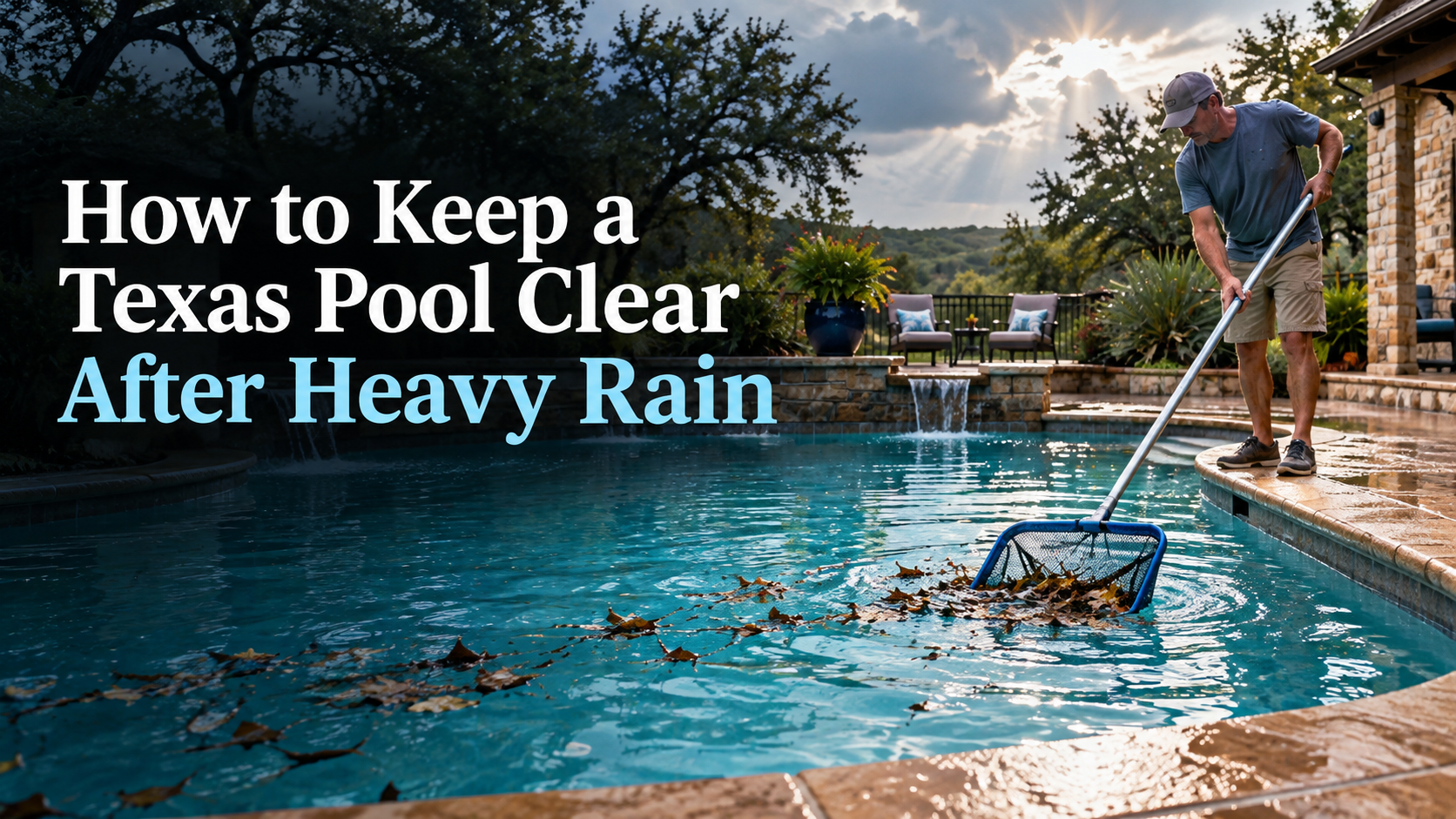 Texas homeowner clearing storm debris from a backyard swimming pool after heavy rain