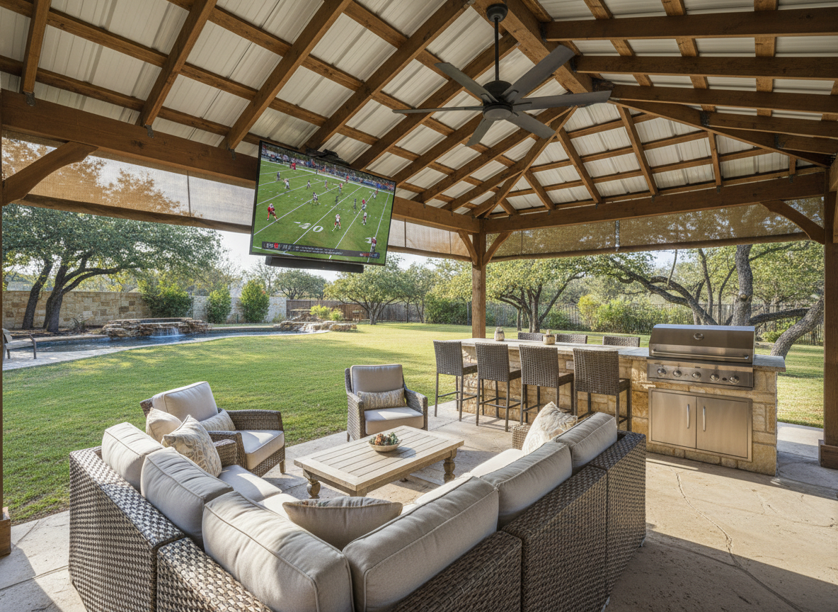 Backyard sports patio with an outdoor television visible in bright daylight under shade.
