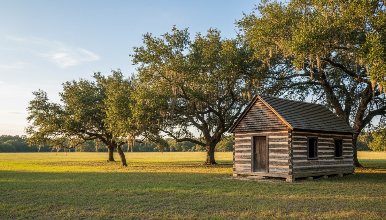 Illustrative nineteenth-century Texas timber structure in Brazos Valley landscape, not an actual photo of Washington-on-the-Brazos