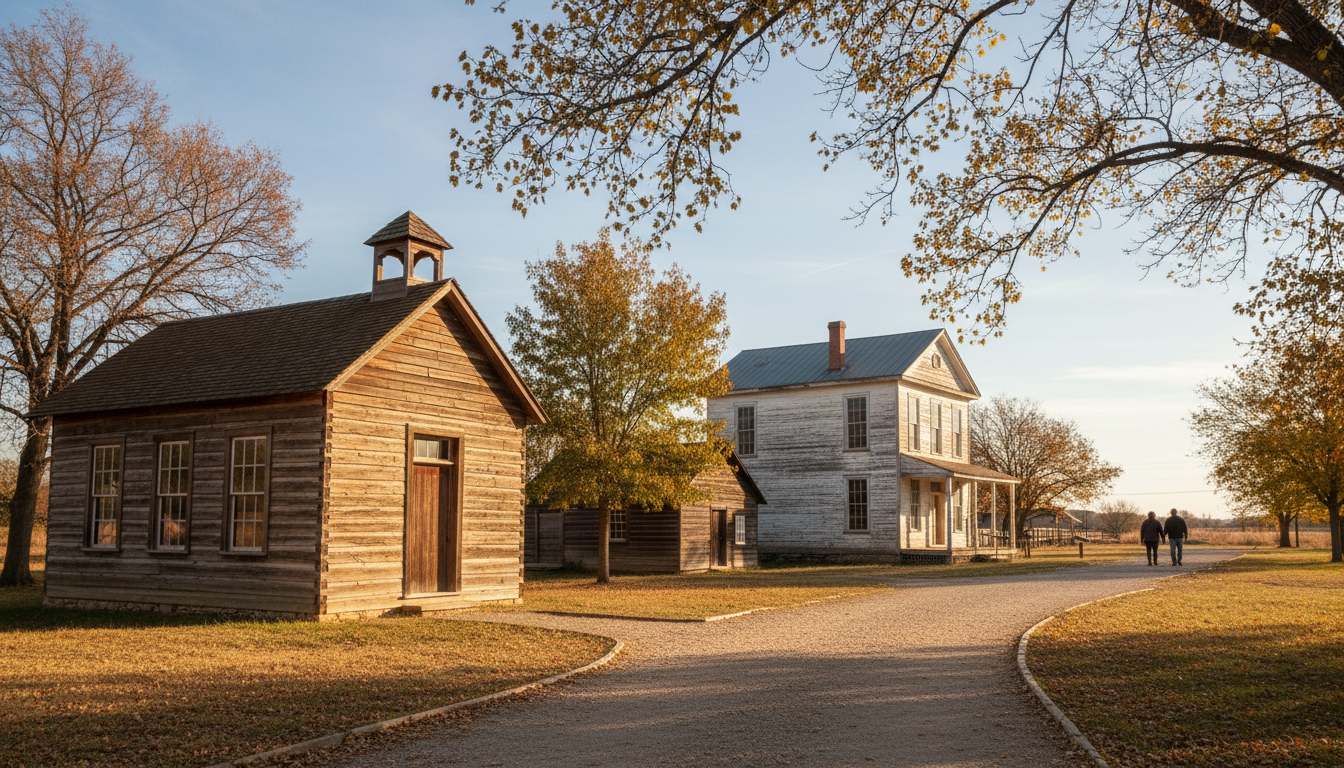 Realistic outdoor history museum of old timber schoolhouse and county courthouse in Buffalo Gap Texas.