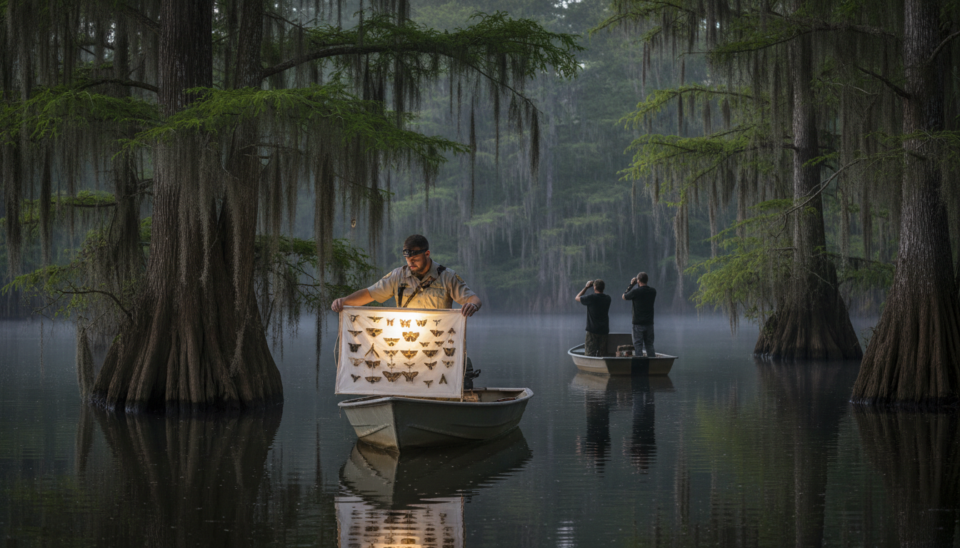 Illustrative image of moths attracted to a softly illuminated sheet among cypress trees at night.