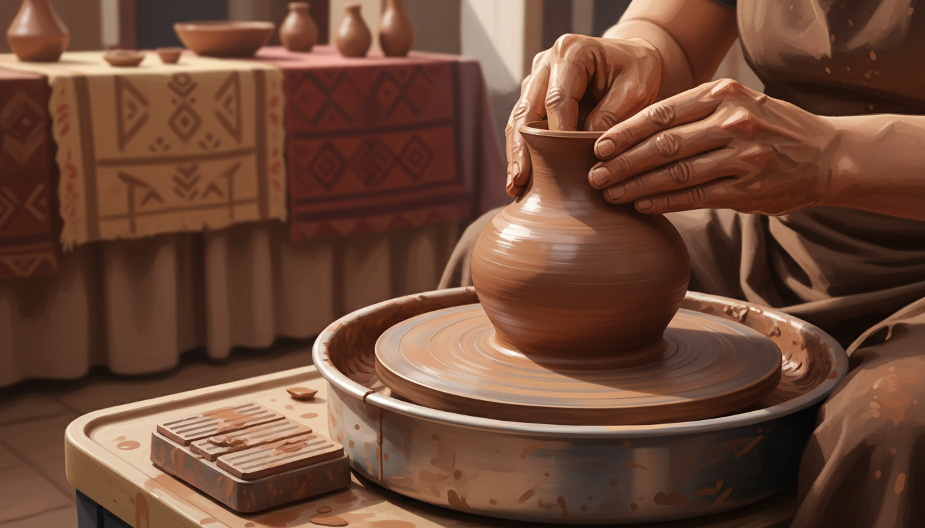 Illustrative close-up of a potter at work, representing Central Texas arts.