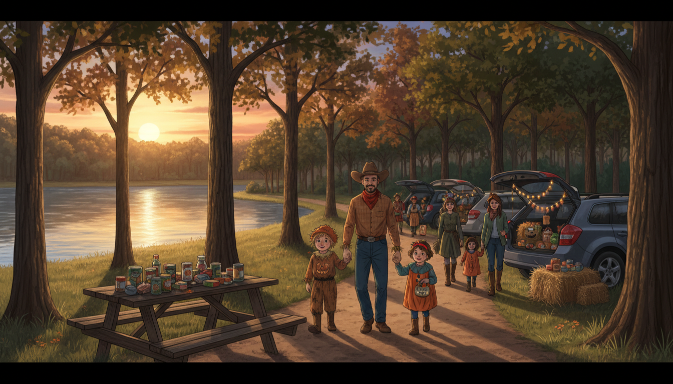 Illustrative Texas state park picnic area decorated for fall, with donated canned food and family trick-or-treaters.