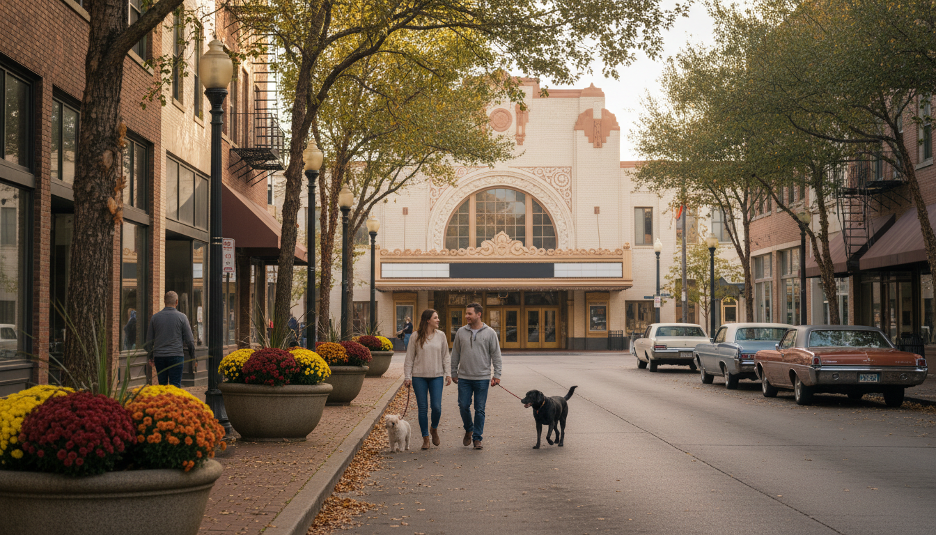 Historic Texas theater marquee exterior and downtown walkway on sunny fall afternoon, with passersby and dogs.