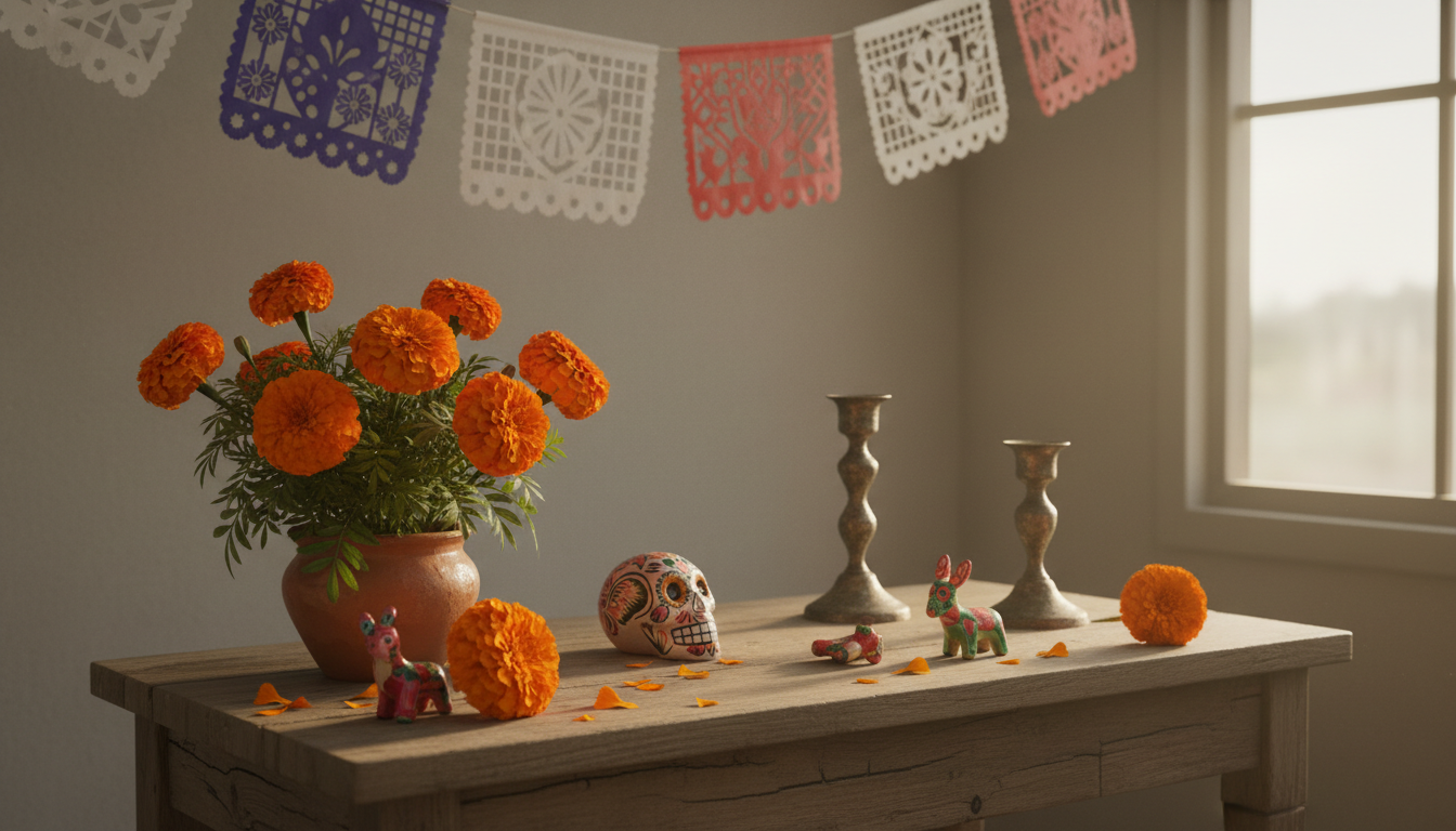 Photorealistic editorial illustration of marigolds and handmade decorations, not an image of a real 2026 memorial.