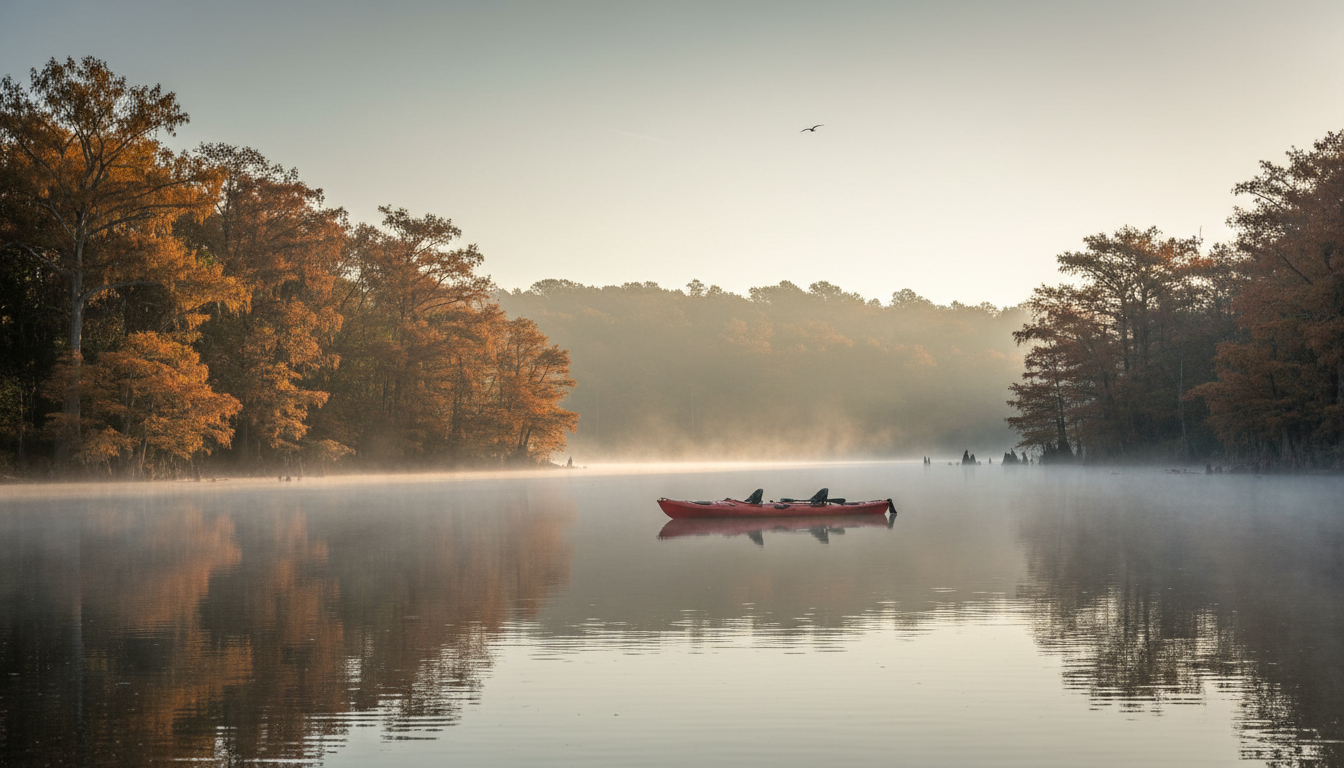 Illustrative kayak on a cypress-lined East Texas lake in morning mist, not an actual event photograph