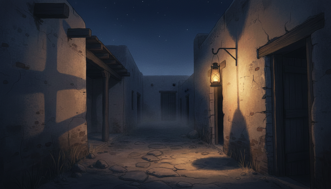 Lantern-lit pathway at a frontier-fort-style courtyard at night; illustrative scene.