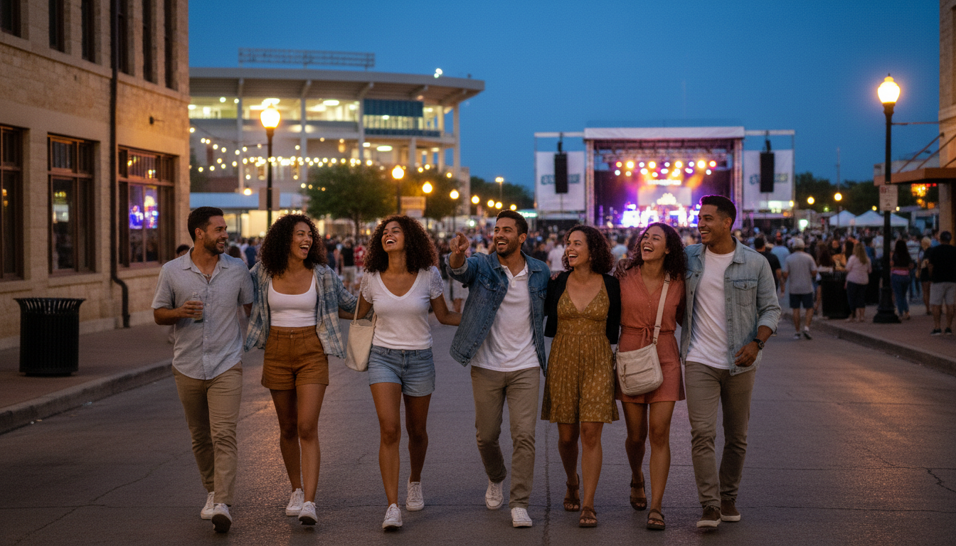 Friends walking toward the lights of a Texas community stadium at dusk