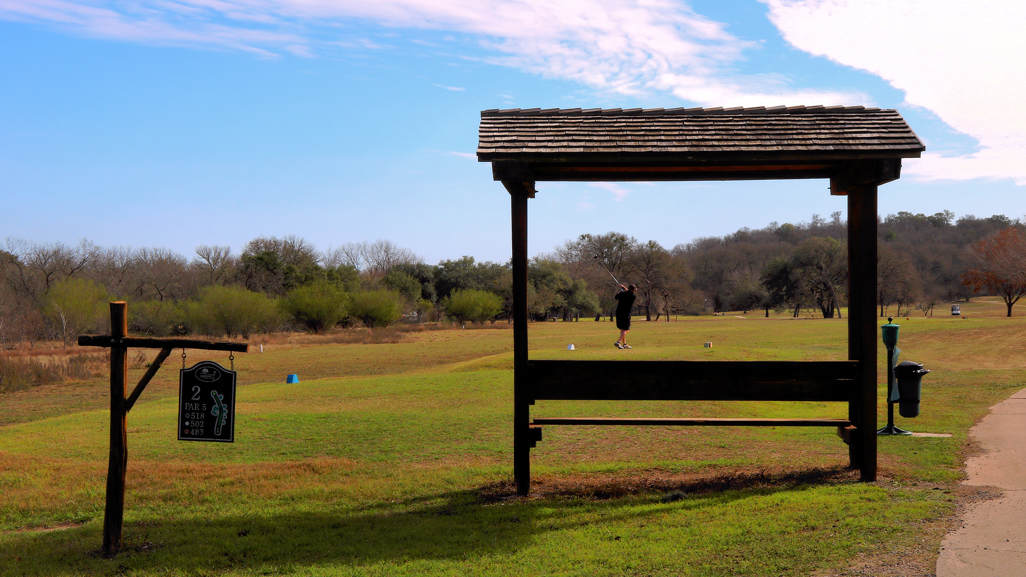 Real photograph of the second hole at Lockhart State Park golf course, Texas, in 2026; not a photo of October 24 ranger golf class.