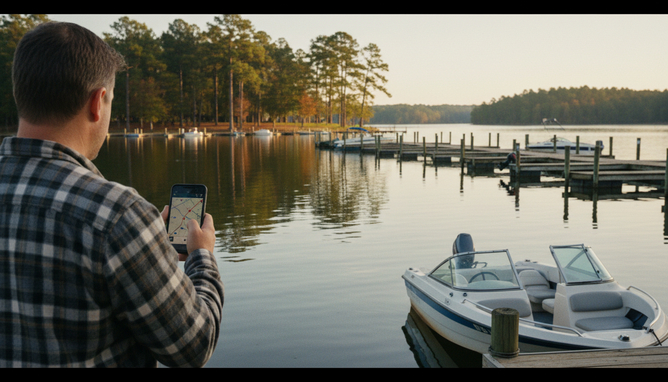 Boater planning a Lake Conroe trip beside a recreational boat overlooking a wooded Texas lake