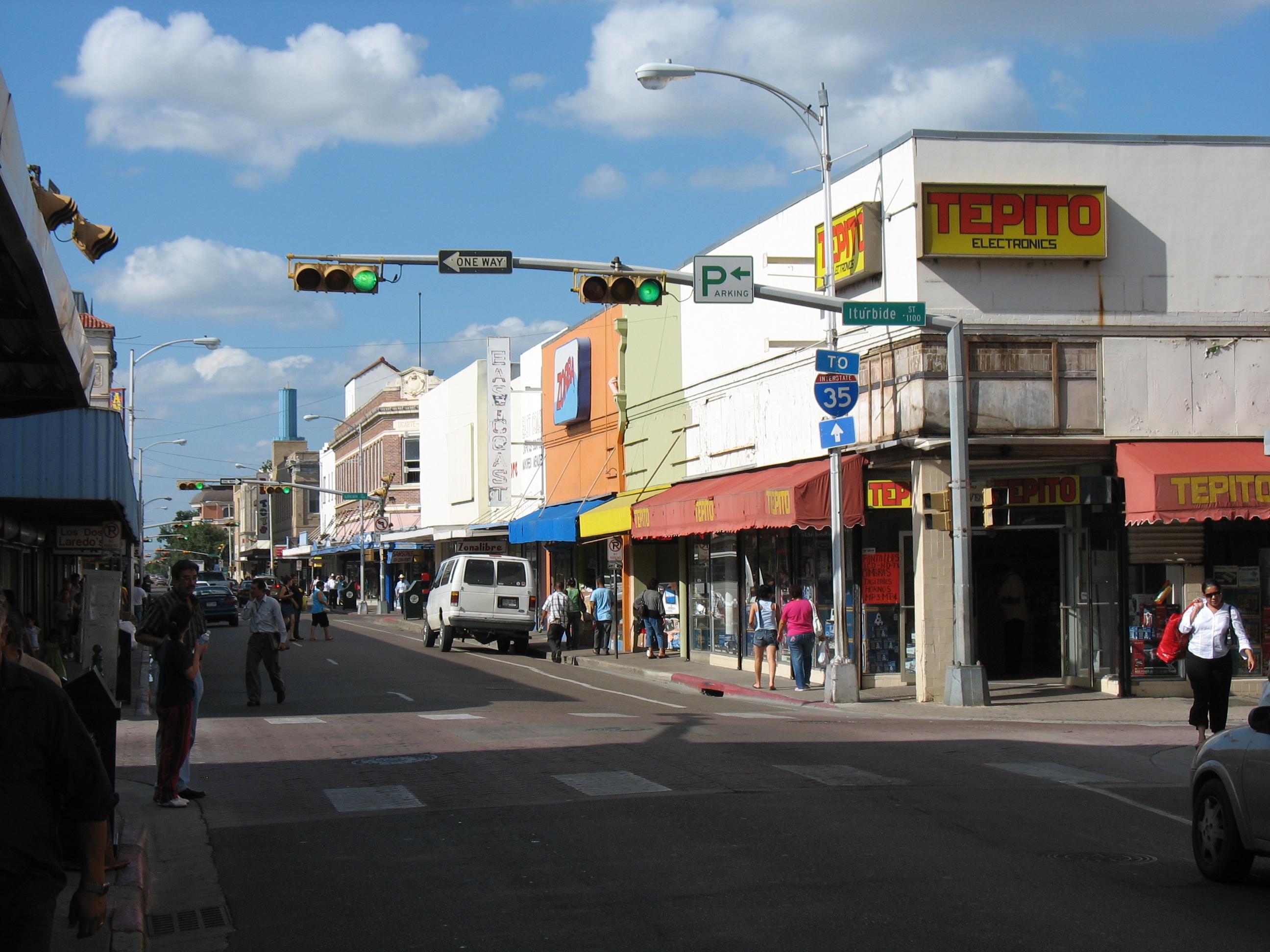 Real downtown Laredo, Texas, at the intersection of Convent and Iturbide Streets.