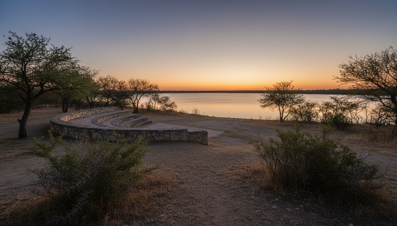 South Texas lake shore at dusk beneath mesquite trees