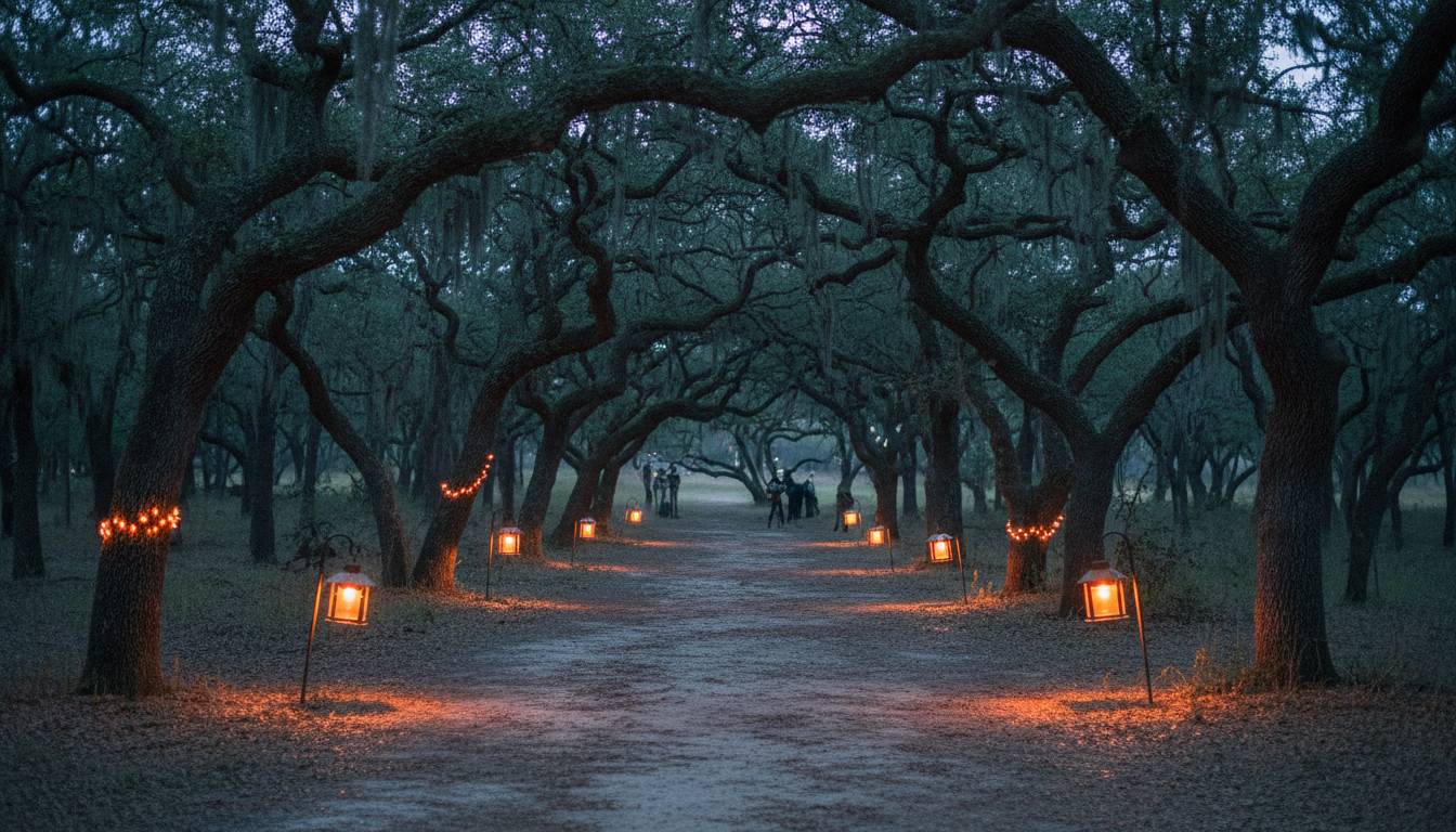Illustrative dark wooded walking path with orange trail lights in a Texas state park, no identifiable event participants.