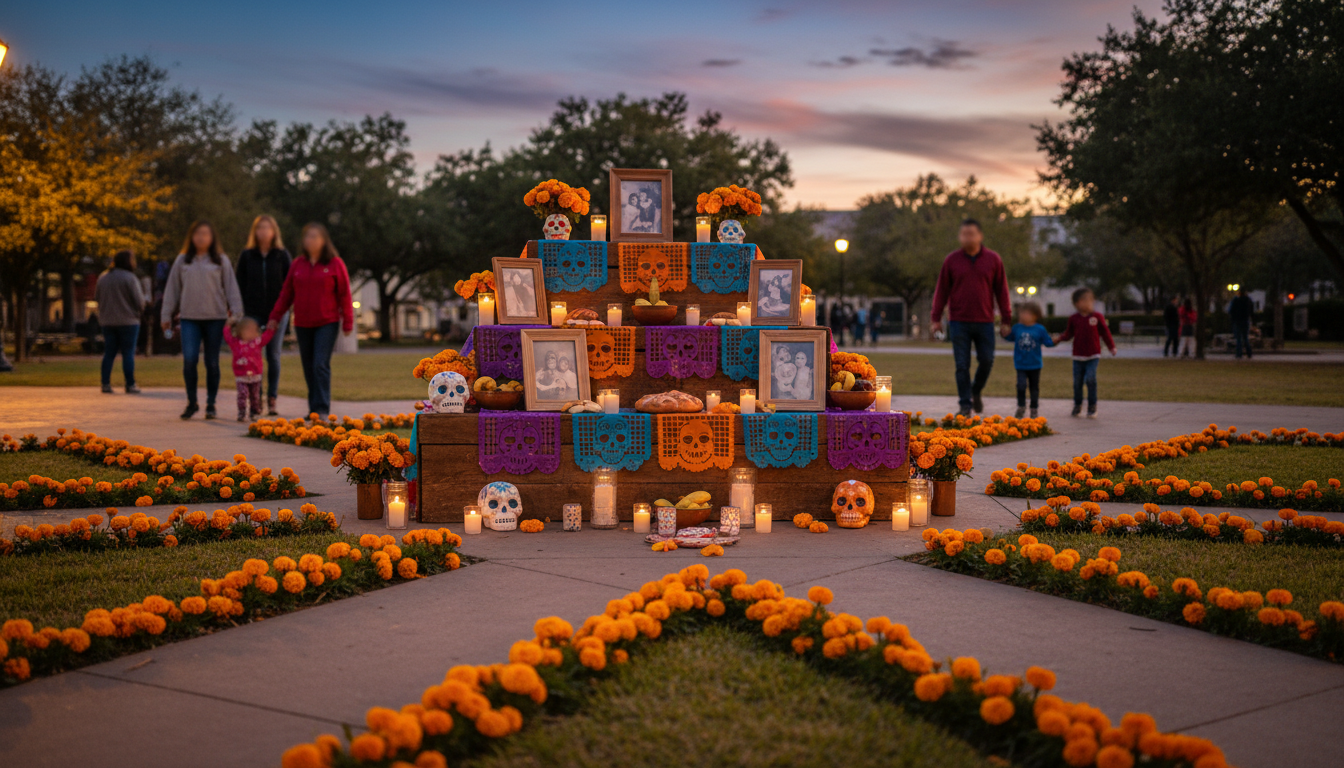 Illustrative photograph-style view of a marigold-lined community altar and candles at a San Antonio outdoor cultural celebration, without identifiable participants.