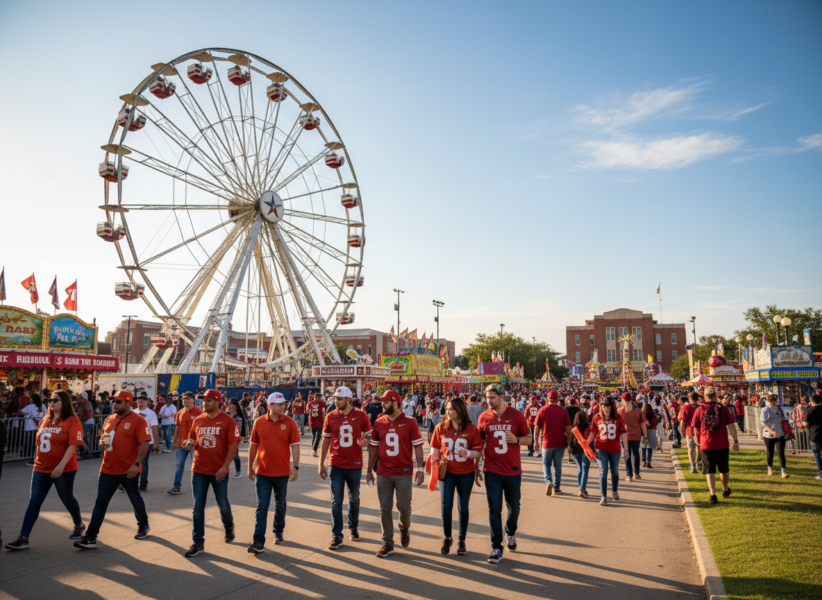 Football fans walking through Texas fairgrounds near a Ferris wheel on an October weekend.
