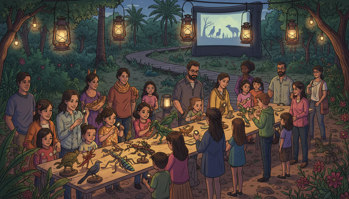 Illustrative evening ecology activity with families studying insects in a South Texas park under gentle lights.