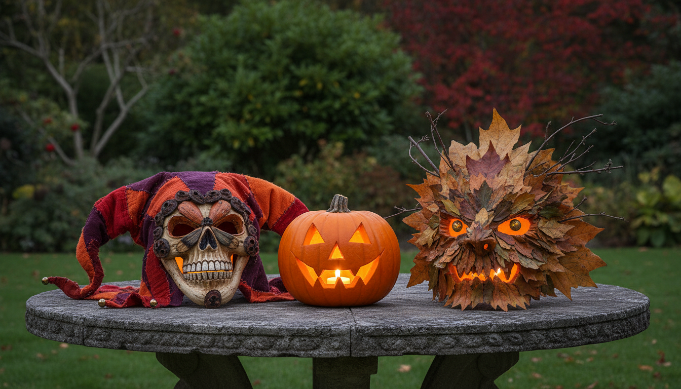 Photorealistic illustration of Halloween masks and a carved pumpkin, representing San Antonio seasonal events.