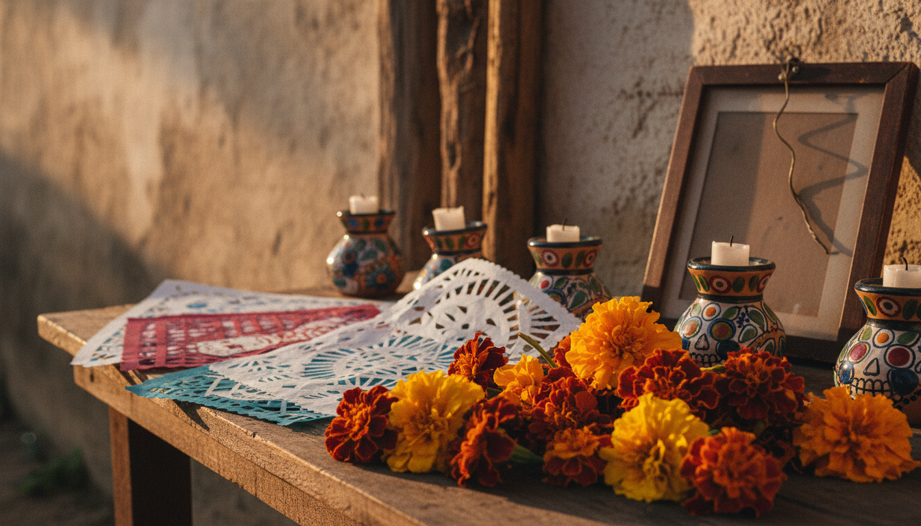 Photorealistic editorial illustration of marigolds and colorful Día de los Muertos decorations; not an event photograph.