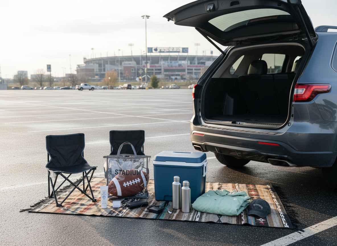 Organized football weekend gear beside an SUV before a Texas gameday.