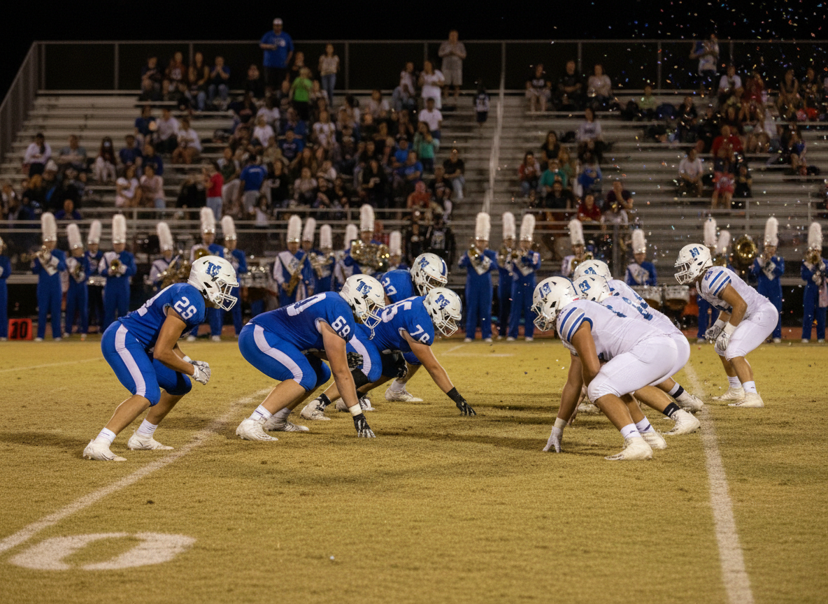 High school football players competing under stadium lights on a crowded Friday night.