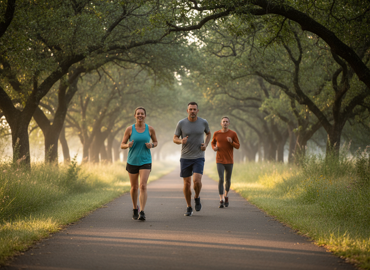 Adult recreational runners training at different paces on a shaded Texas greenway in early morning.