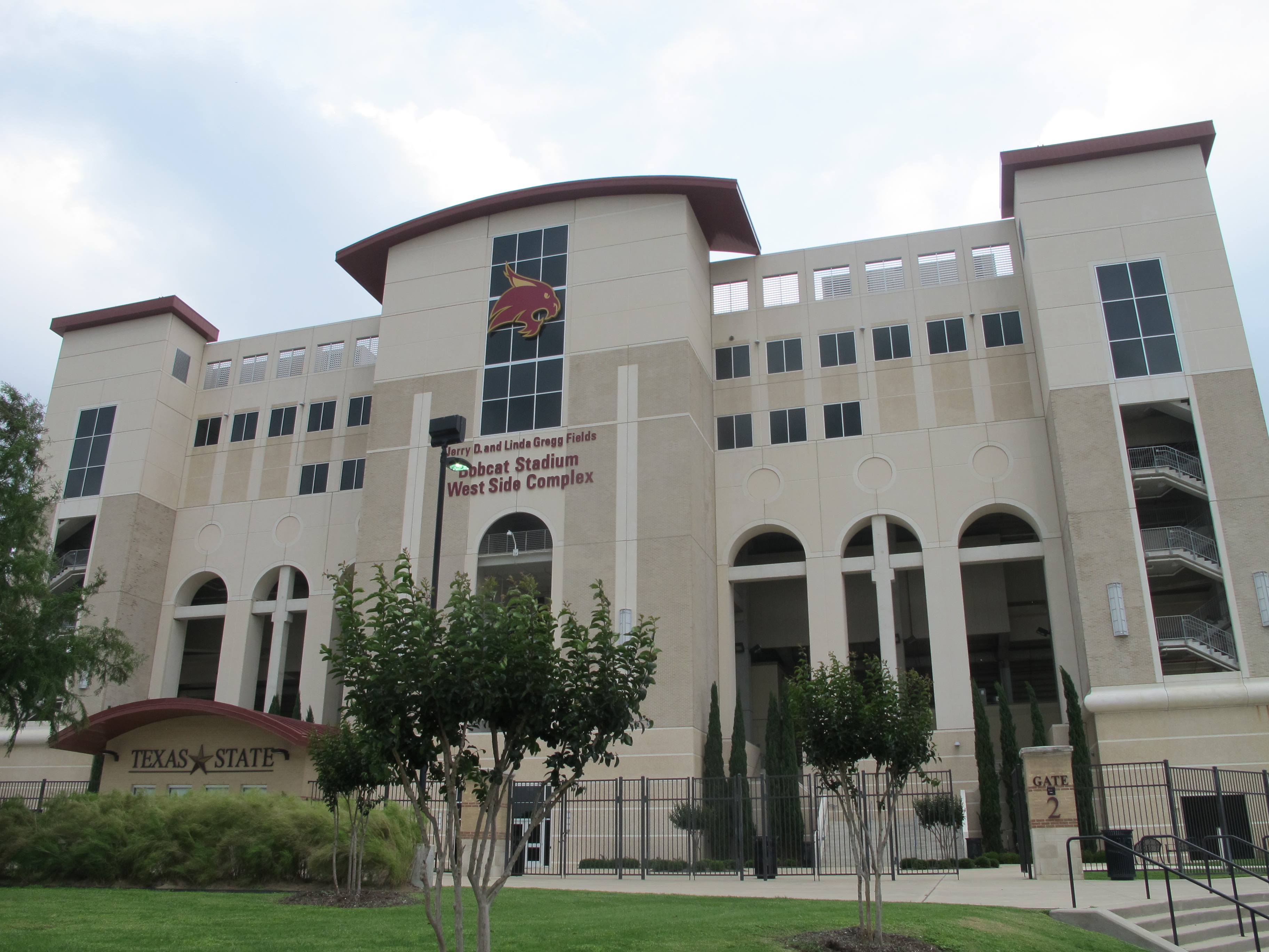 Real entrance of Texas State University Bobcat Stadium, now named UFCU Stadium; 2016 image predates current naming and changes; not Oct 24 game.