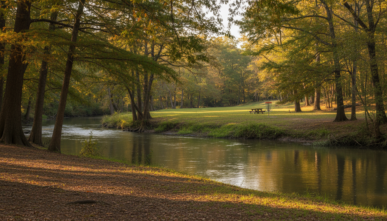 Illustrative wooded Guadalupe River setting with picnic area in Victoria, not an actual photograph of Riverside Park