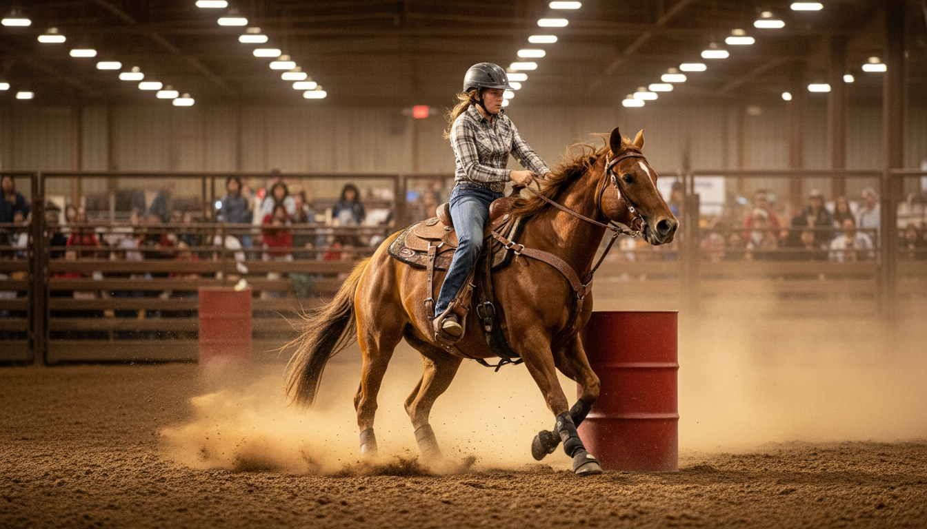 Cowgirl guiding horse around indoor rodeo arena barrel during competitive evening.