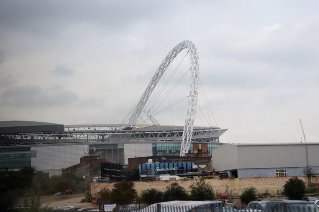 A real photograph of the arch above Wembley Stadium in London