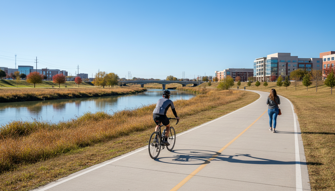 Wichita Falls concrete shared-use riverside path with cyclists and walkers, realistic fall weather.