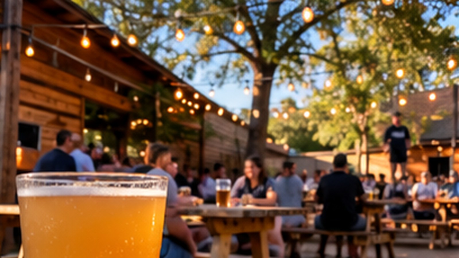 Craft beer on an outdoor brewery patio with families in the background