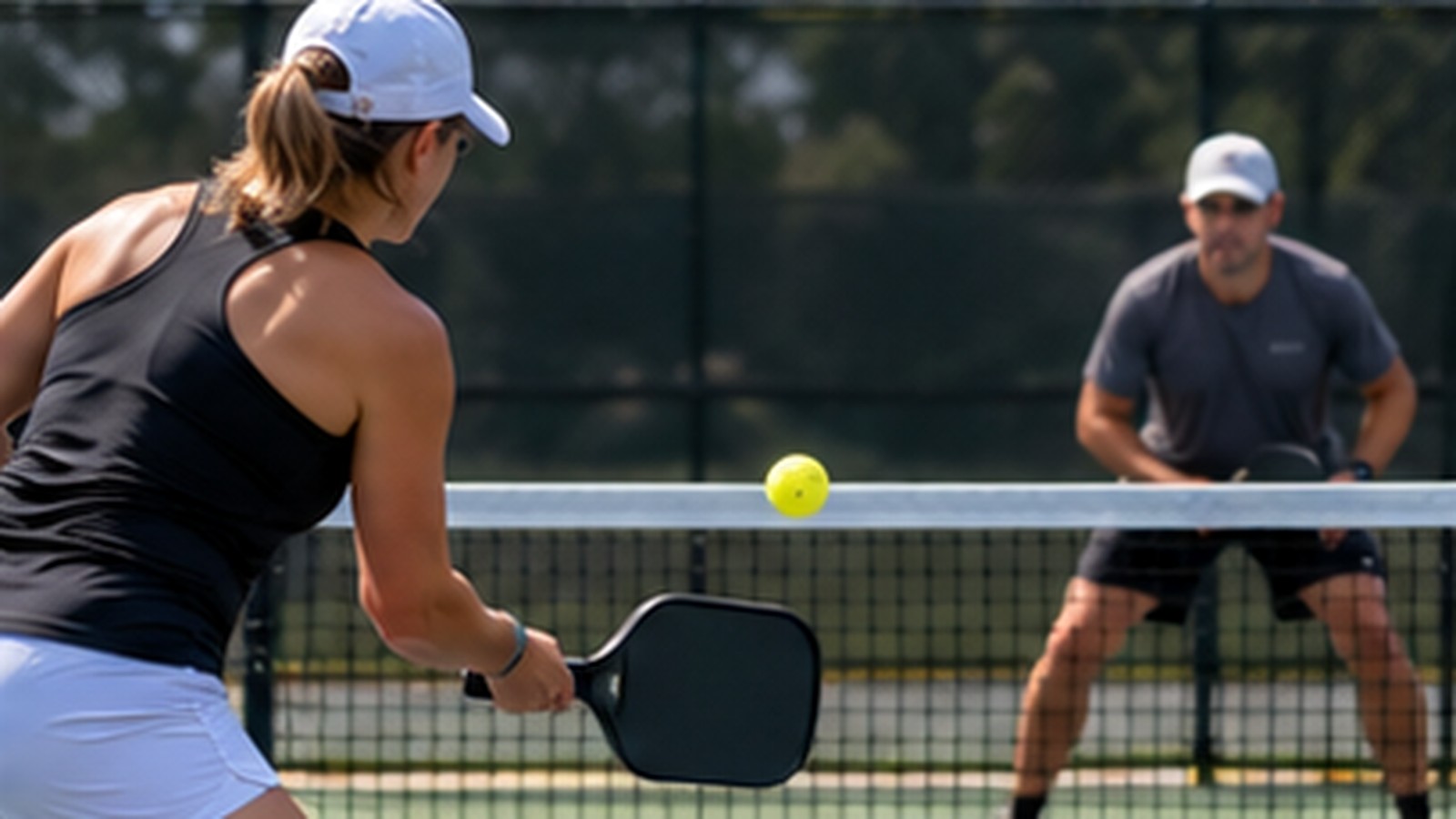 Two adults playing pickleball on an outdoor court