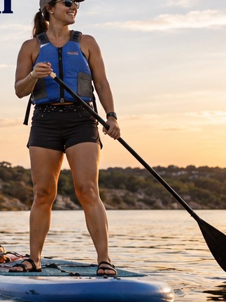A paddleboarder on a calm lake in warm evening light