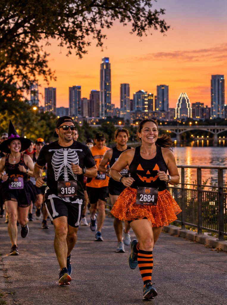 Costumed runners participating in a Halloween evening fun run on an urban waterfront