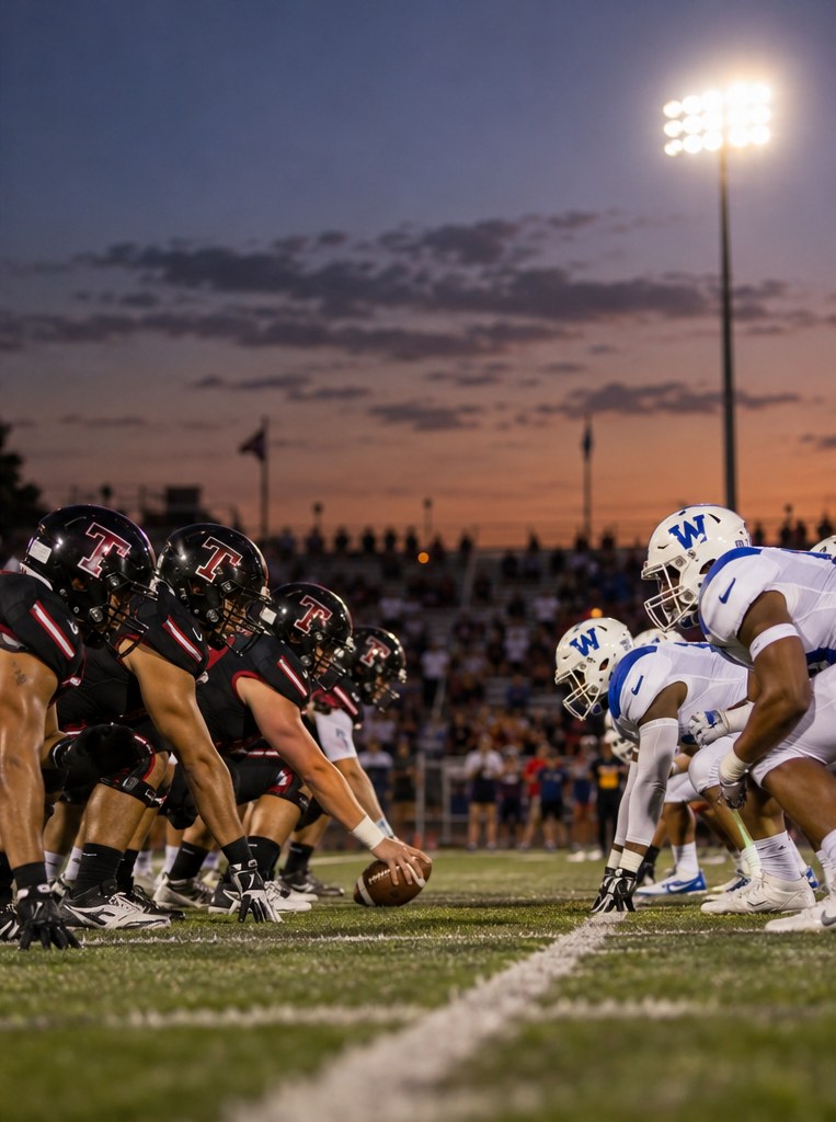 High school football players line up under stadium floodlights at dusk